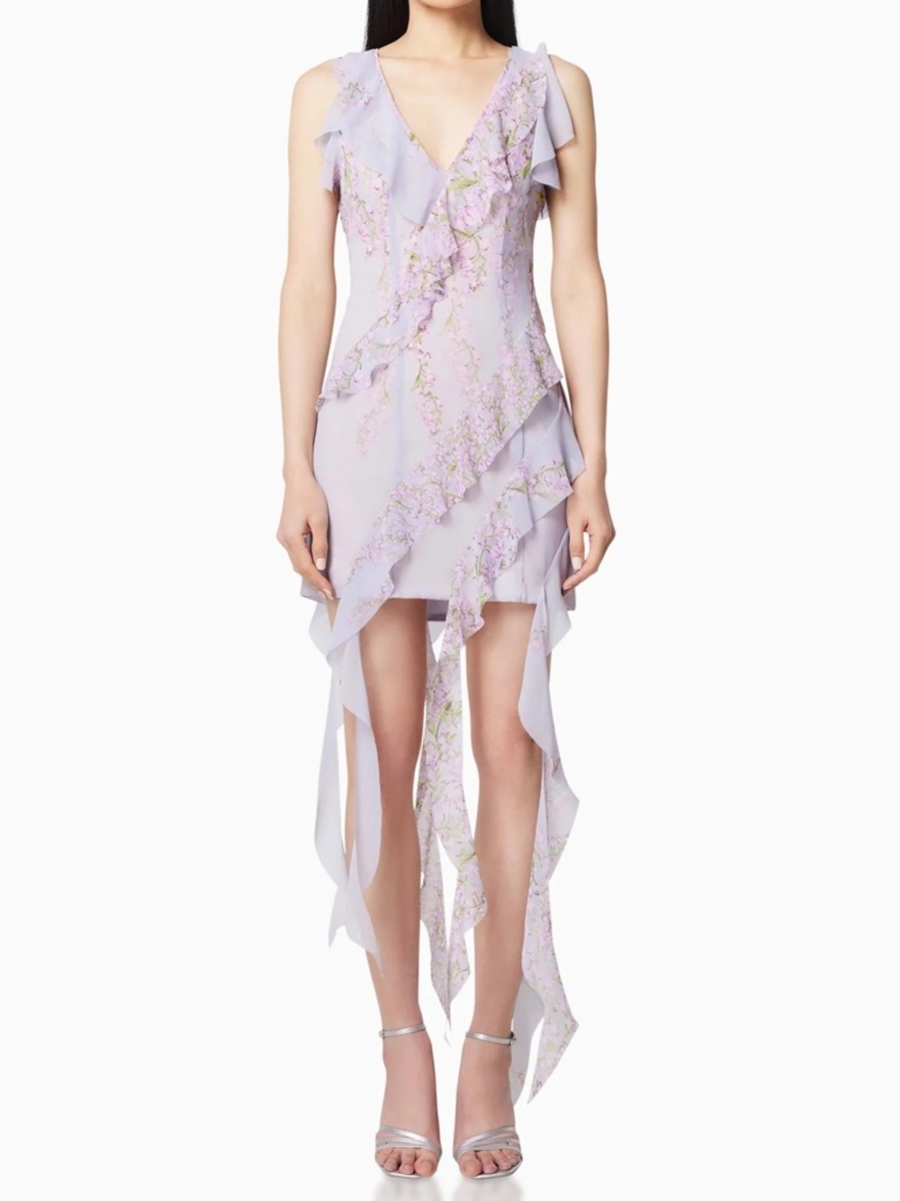 Elliatt Lilac High-Low Ruffle V-Neck Dress